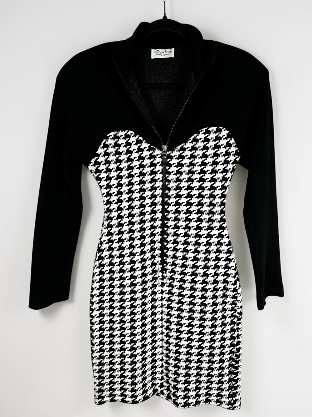 Vintage 70s Algo-Ettes Stretchy Knit Houndstooth Bodycon Mini Dress XS